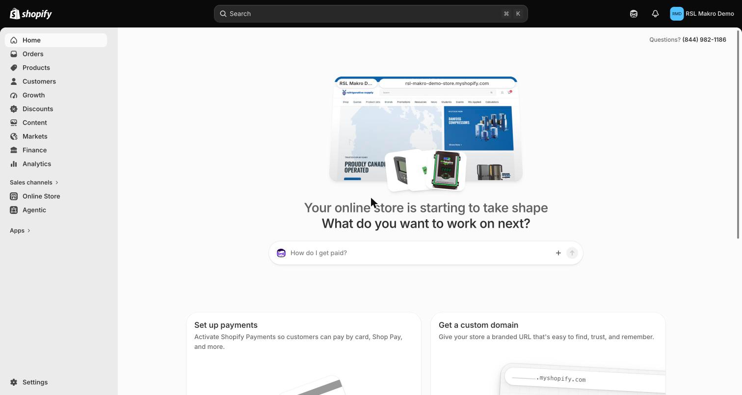 Shopify admin home for a new sandbox store