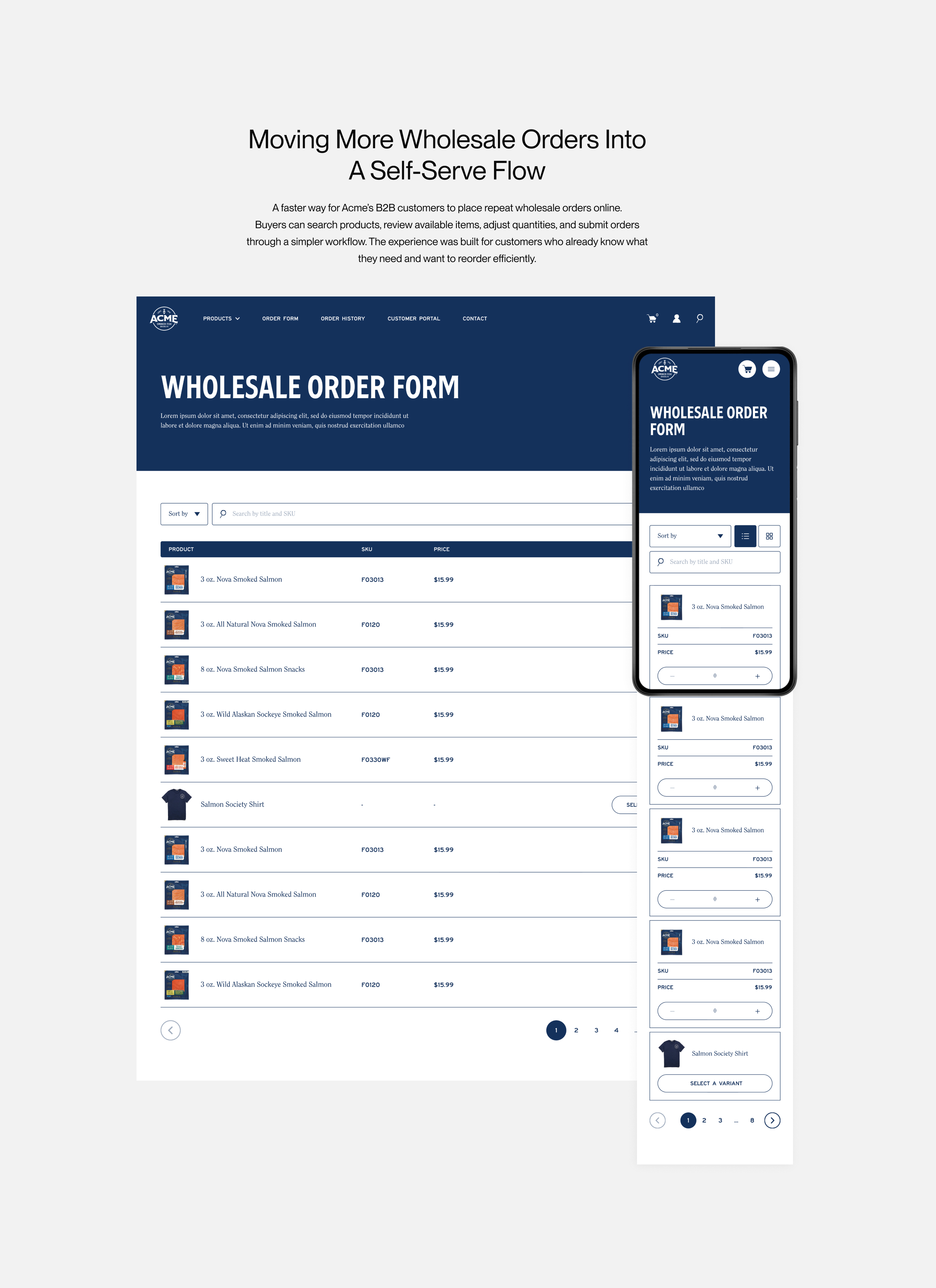 Acme wholesale order form on desktop and mobile: Moving More Wholesale Orders Into a Self-Serve Flow