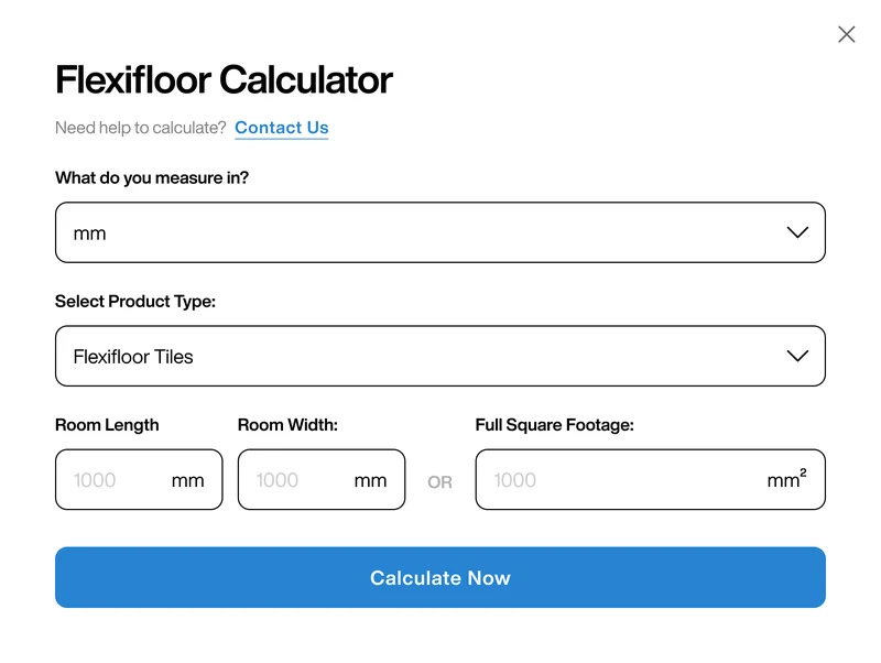 Flexifloor calculator taking room length and width and returning a full bundle package count