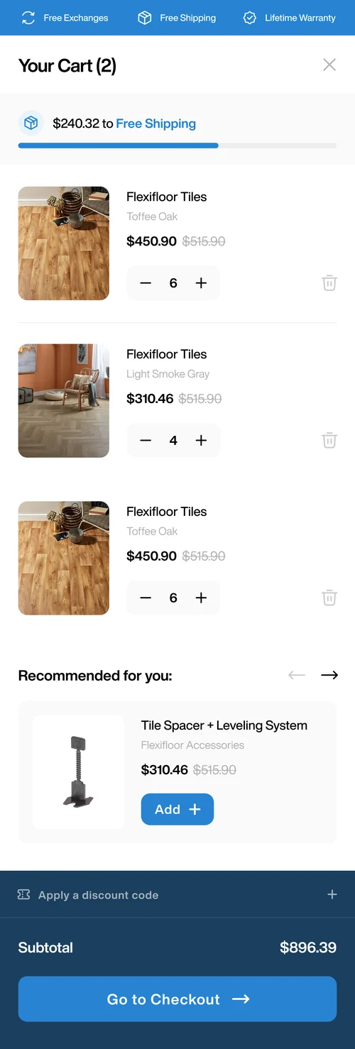 Flexifloor cart on mobile with line items, subtotal, and checkout