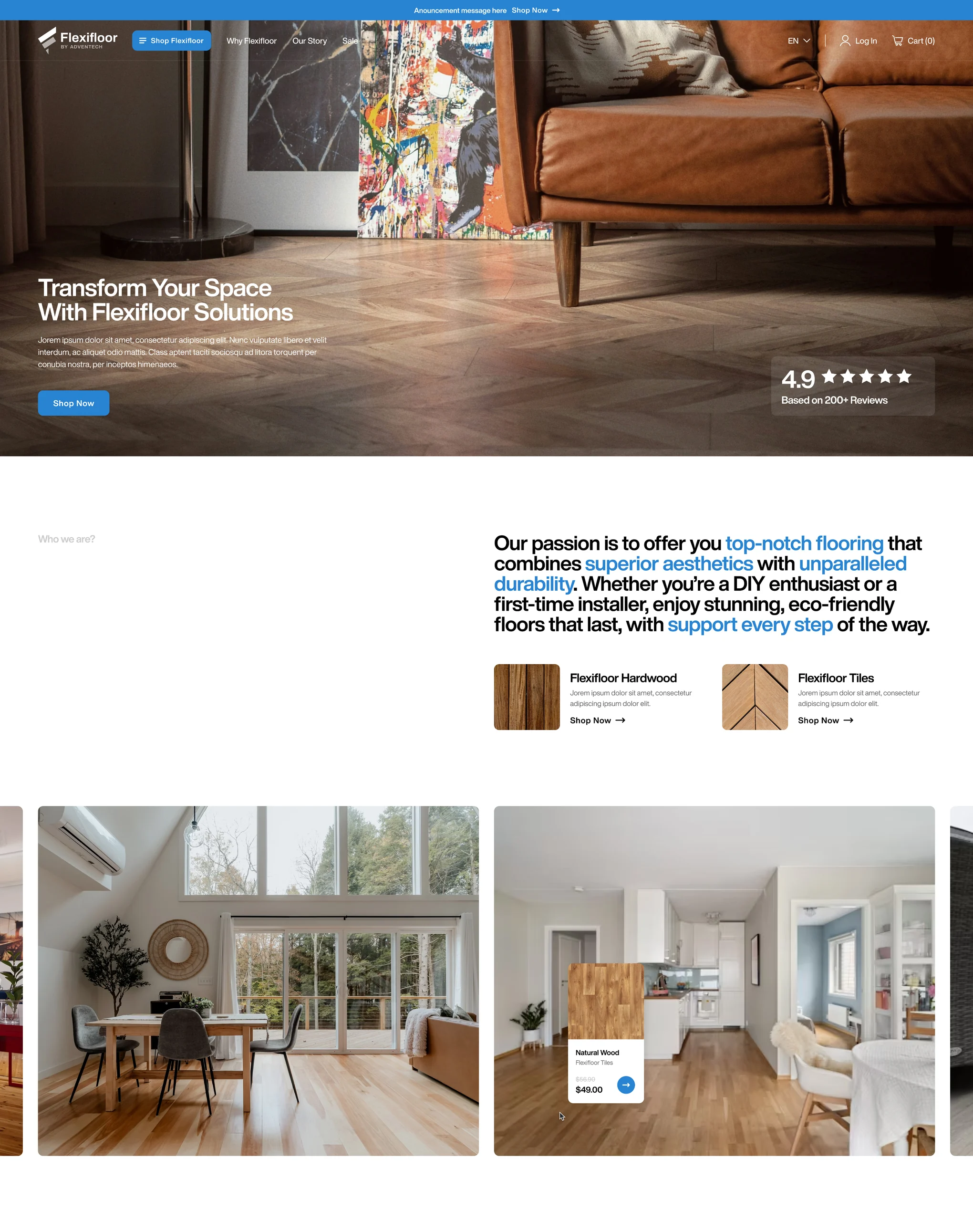 Flexifloor homepage on desktop, with an installed-room hero, review rating, and Hardwood and Tiles category entries