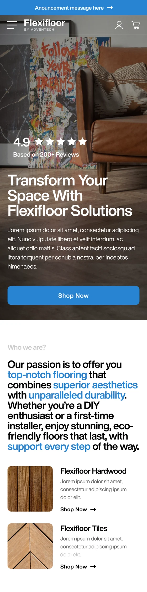 Flexifloor homepage on mobile