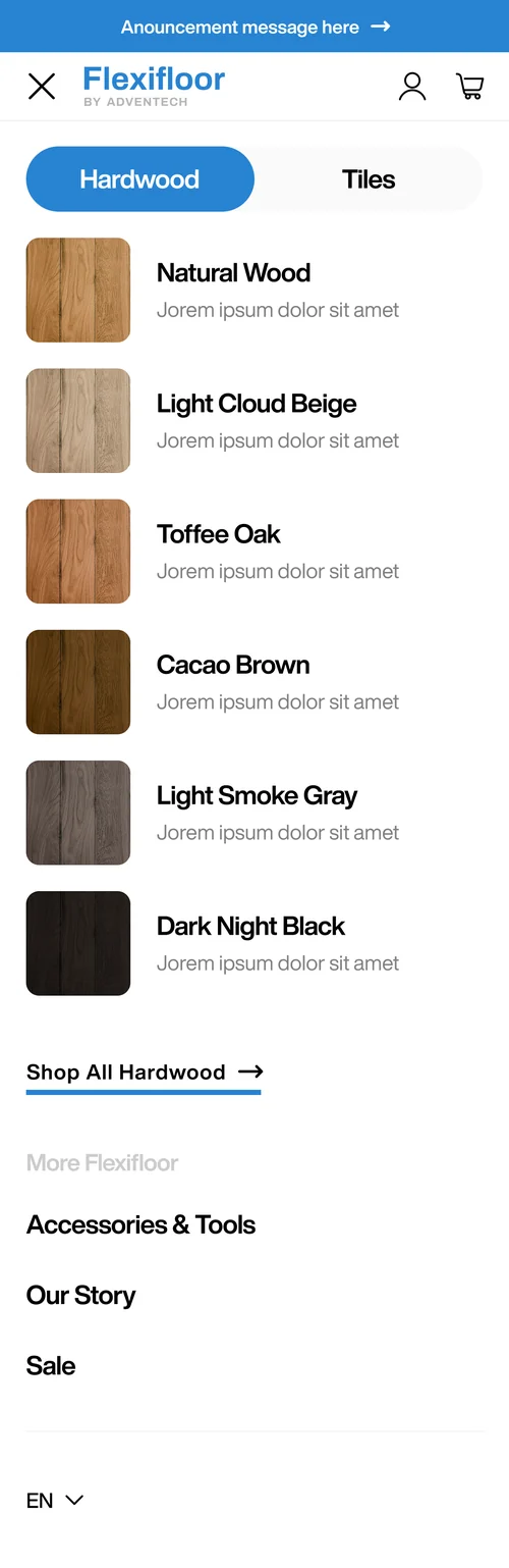 Flexifloor mobile navigation with Hardwood and Tiles tabs and a stacked list of finishes