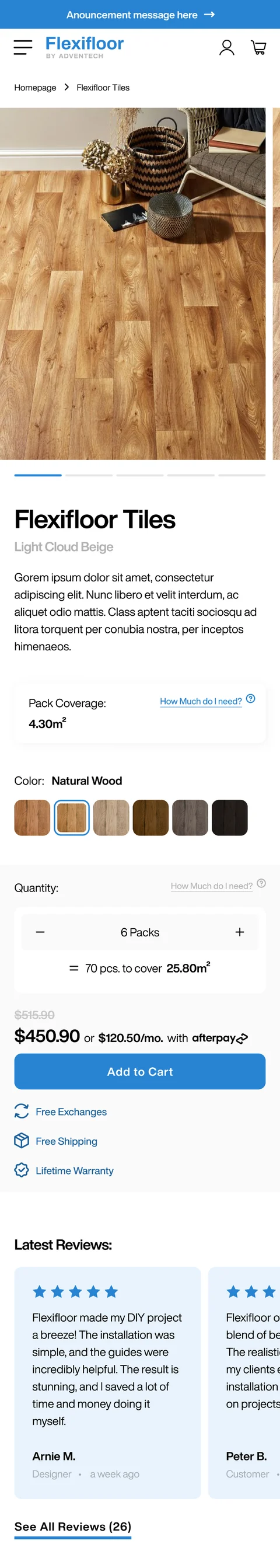 Flexifloor product page on mobile