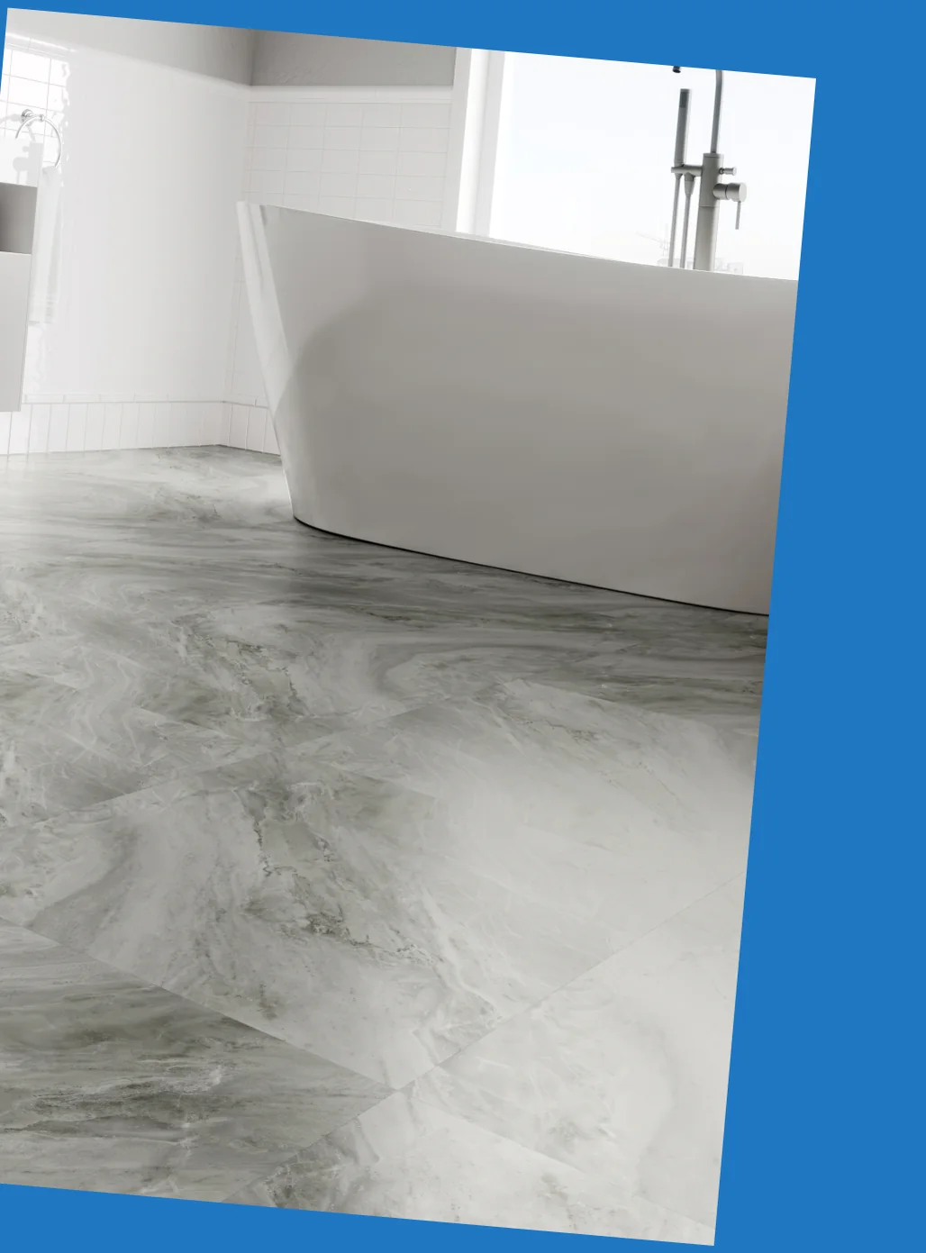 Marble-look vinyl tile flooring in a bathroom with a freestanding tub