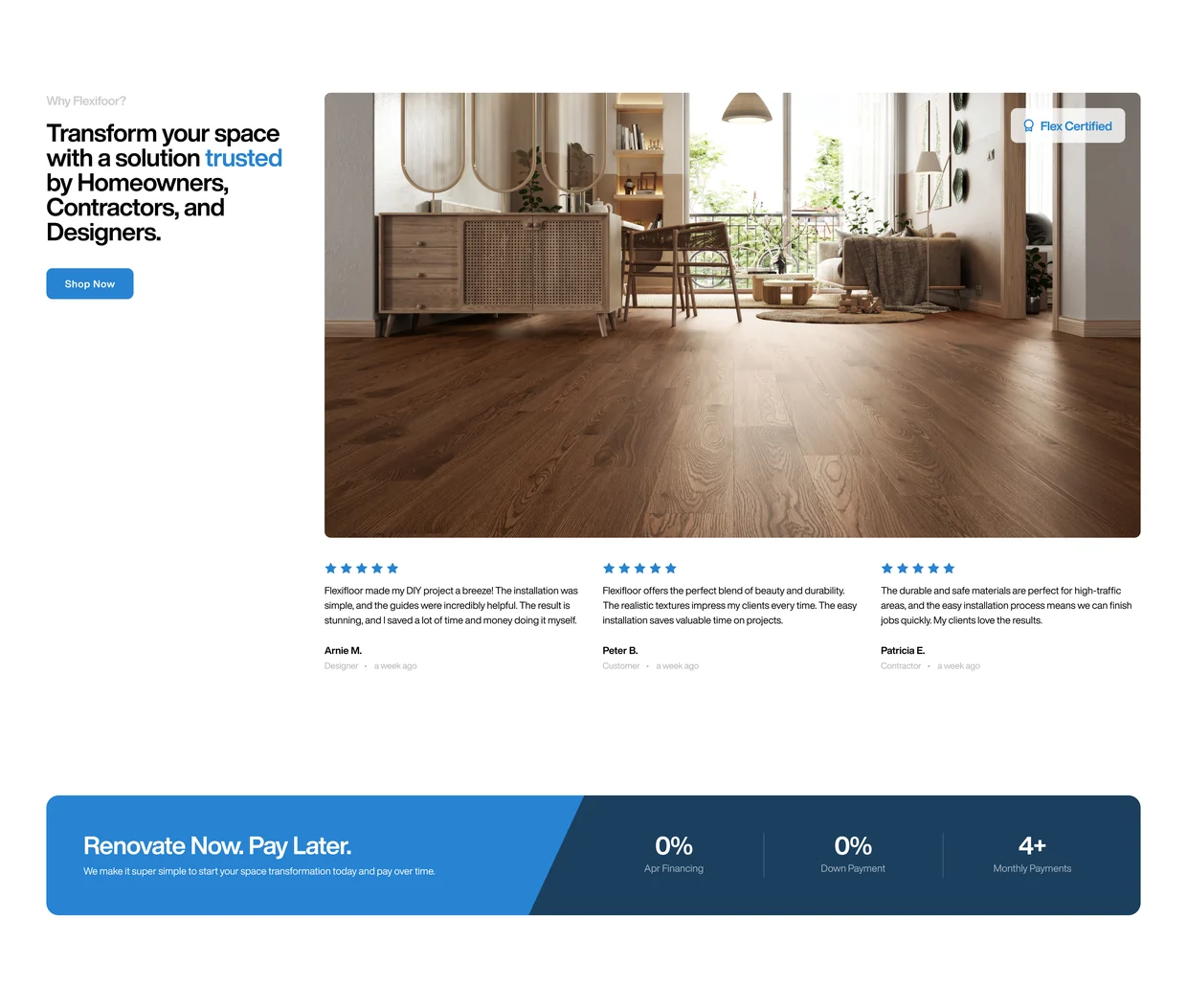 Reviews from homeowners, contractors, and designers above a financing band
