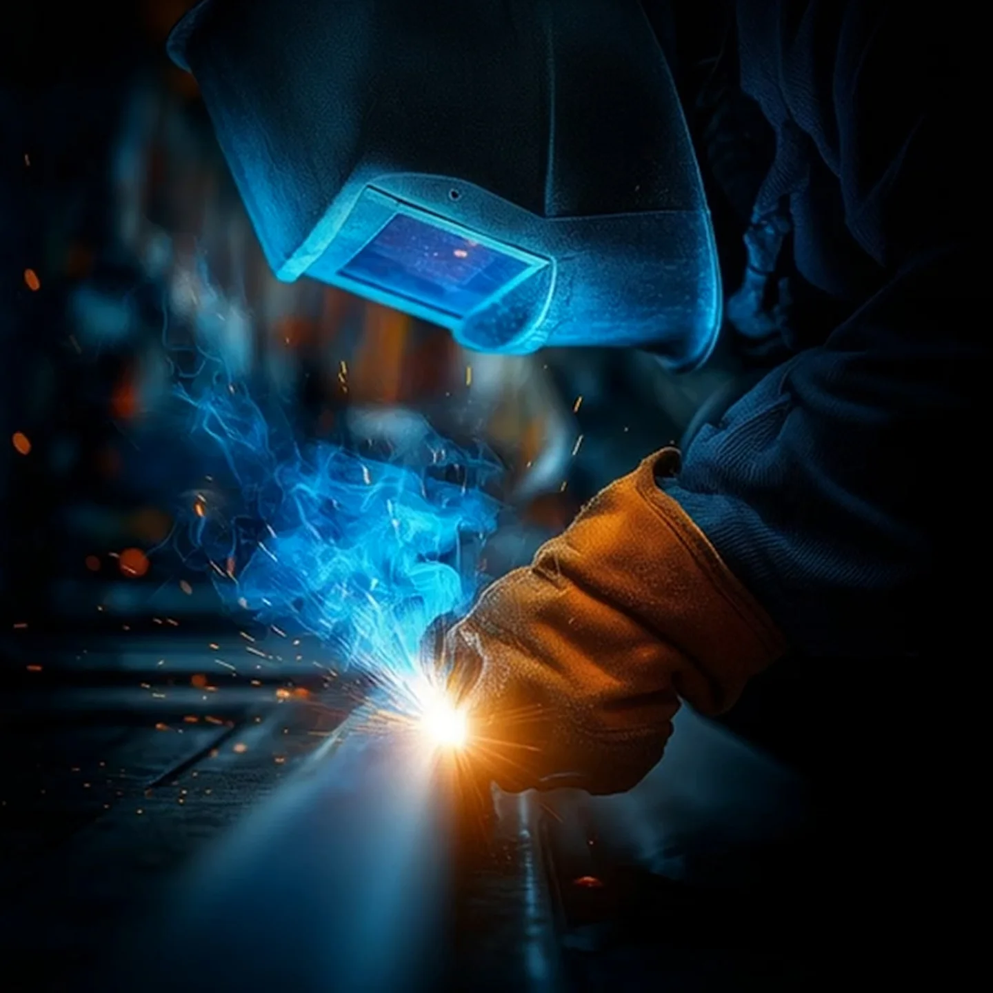 Welder working under a protective helmet with blue smoke and sparks rising from the weld
