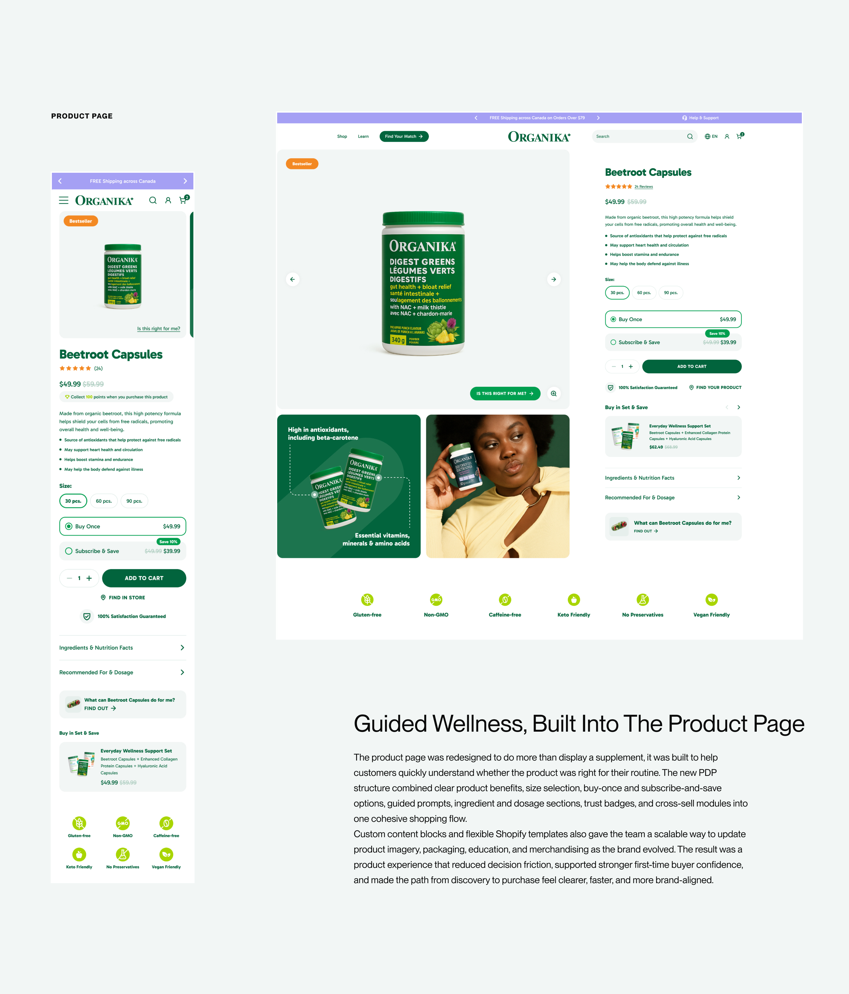 Organika product detail page on desktop and mobile: Guided Wellness, Built Into the Product Page